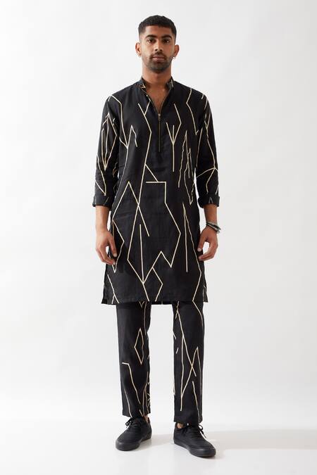 Son Of A Noble Snob_Black Linen Printed Slim Fit Kurta _Online_at_Aza_Fashions