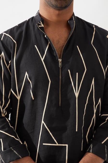 Buy_Son Of A Noble Snob_Black Linen Printed Slim Fit Kurta 
