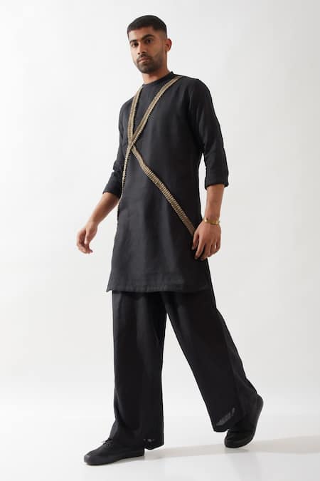 Son of A Noble Snob Black Caterpillar Texture Kurta 