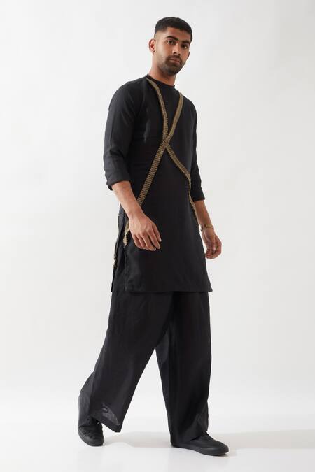 Buy_Son Of A Noble Snob_Black Linen Caterpillar Texture Kurta _Online_at_Aza_Fashions