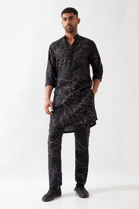 Son of A Noble Snob Slim Fit Printed Black Kurta 