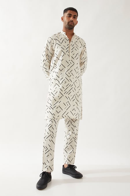 Son of A Noble Snob Ivory Printed Slim Fit Kurta 