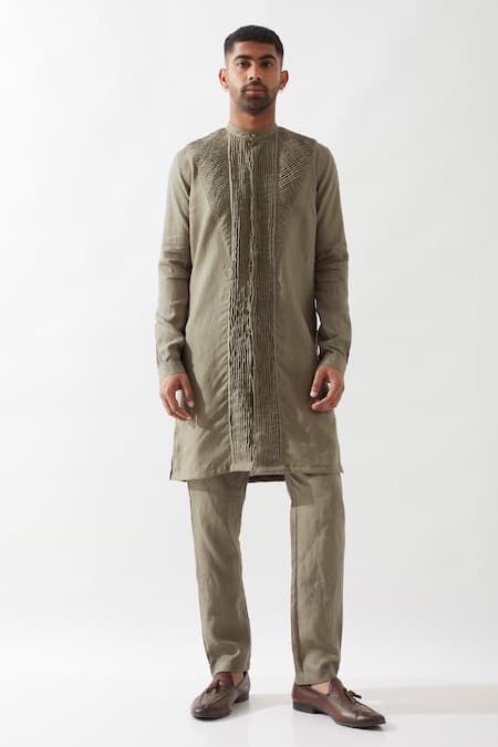 Son of A Noble Snob Olive Slim Fit Pleated Kurta 