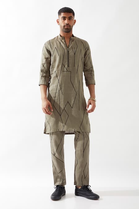 Son Of A Noble Snob Olive Green Linen Slim Fit Printed Kurta Online at Aza Fashions Son Of A Noble Snob_Olive Green Linen Slim Fit Printed Kurta _Online_at_Aza_Fashions