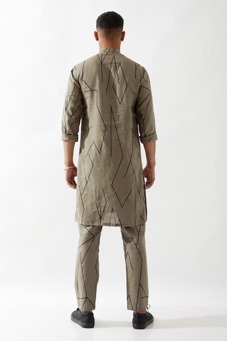 Son Of A Noble Snob Olive Slim Fit Printed Kurta 