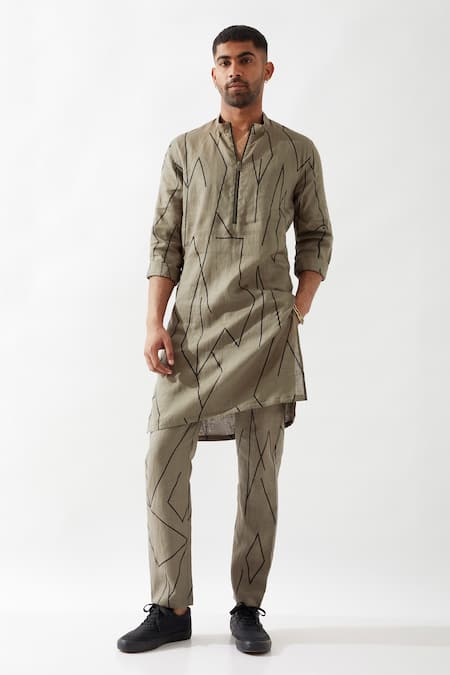 Son of A Noble Snob Olive Slim Fit Printed Kurta 