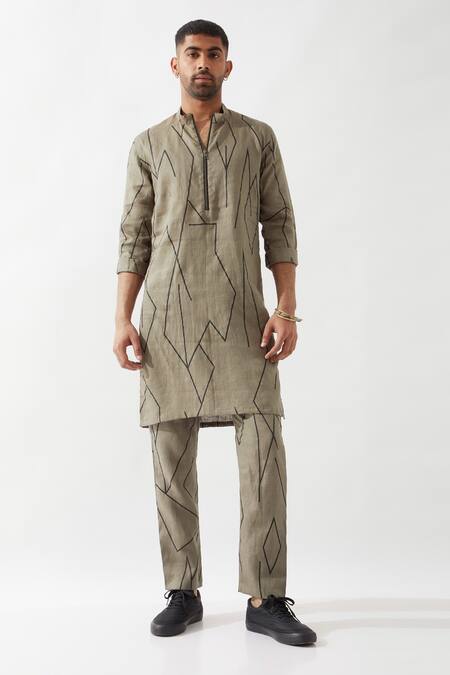 Buy Son Of A Noble Snob Olive Green Linen Slim Fit Printed Kurta Online at Aza Fashions Buy_Son Of A Noble Snob_Olive Green Linen Slim Fit Printed Kurta _Online_at_Aza_Fashions