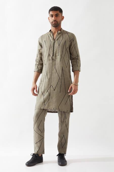 Shop Son Of A Noble Snob Olive Green Linen Slim Fit Printed Kurta Online at Aza Fashions Shop_Son Of A Noble Snob_Olive Green Linen Slim Fit Printed Kurta _Online_at_Aza_Fashions