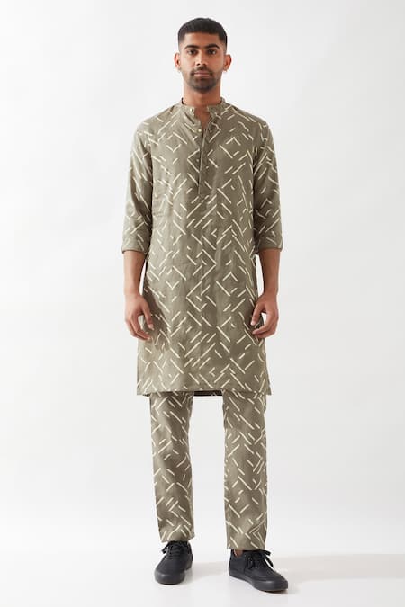 Son of A Noble Snob Olive Printed Slim Fit Kurta 
