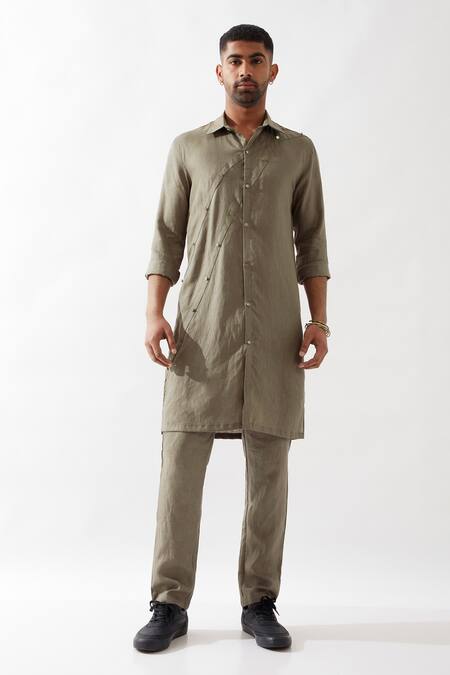 Buy Son Of A Noble Snob Olive Green Linen Slim Fit Harison Kurta Online at Aza Fashions Buy_Son Of A Noble Snob_Olive Green Linen Slim Fit Harison Kurta _Online_at_Aza_Fashions