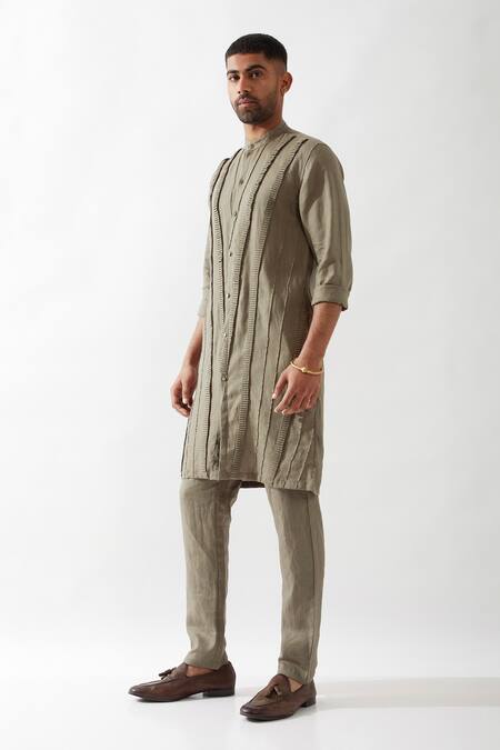 Shop Son Of A Noble Snob Olive Green Linen Caterpillar Texture Kurta Online at Aza Fashions Shop_Son Of A Noble Snob_Olive Green Linen Caterpillar Texture Kurta _Online_at_Aza_Fashions