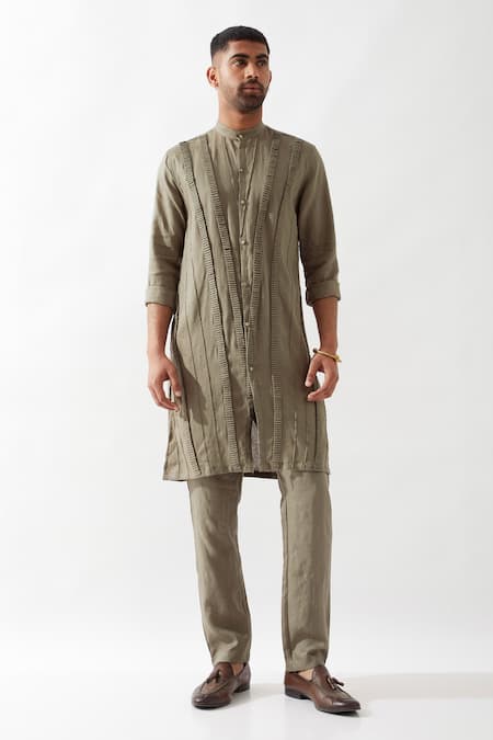 Son of A Noble Snob Olive Caterpillar Texture Kurta 