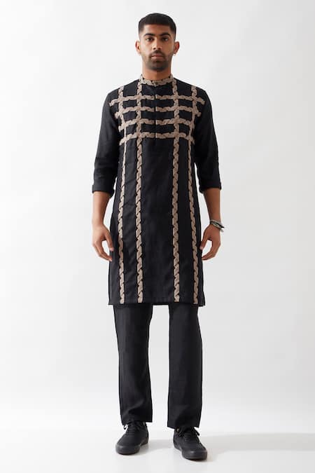 Son of A Noble Snob Black Caterpillar Texture Kurta 
