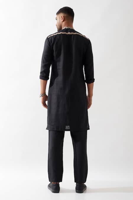 Son Of A Noble Snob Black Caterpillar Texture Kurta 
