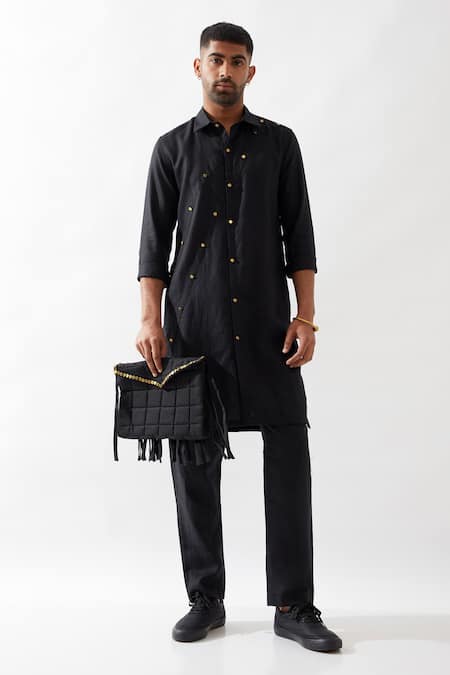 Son of A Noble Snob Stylized Black Linen Kurta 