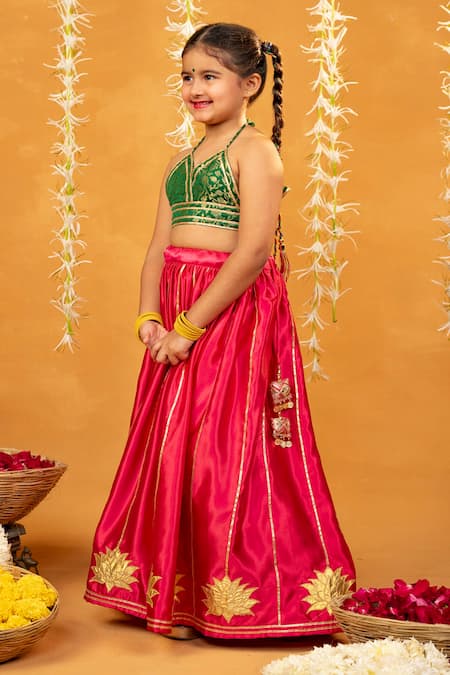 Buy_JILMIL DREAMWEAR_Green Embroidery And Pink Banarasi Brocade Lehenga Set _Online_at_Aza_Fashions