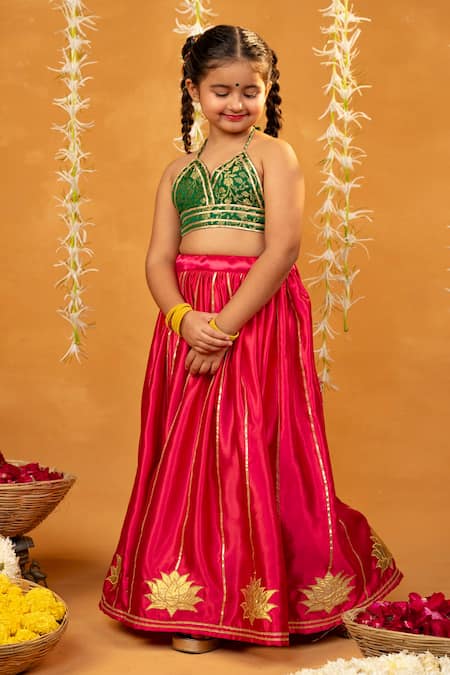 Shop_JILMIL DREAMWEAR_Green Embroidery And Pink Banarasi Brocade Lehenga Set _Online_at_Aza_Fashions