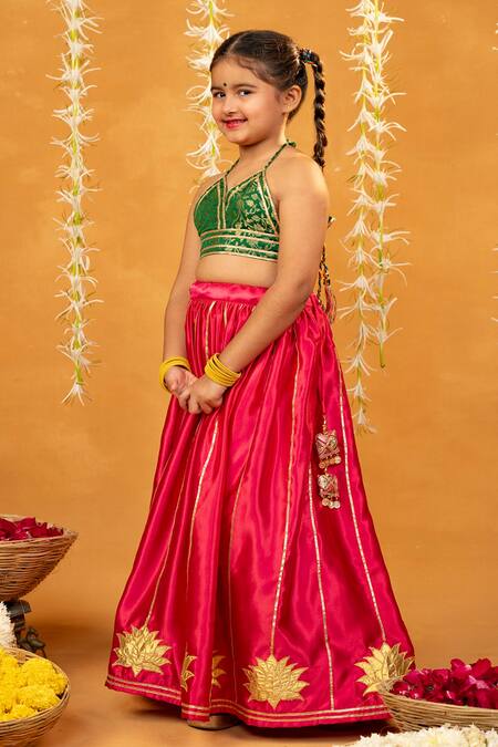 Buy_JILMIL DREAMWEAR_Green Embroidery And Pink Banarasi Brocade Lehenga Set 