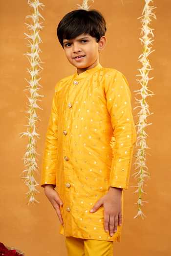 Jilmil Dreamwear_Yellow Embroidery Bangalori Silk Kurta Set _Online_at_Aza_Fashions