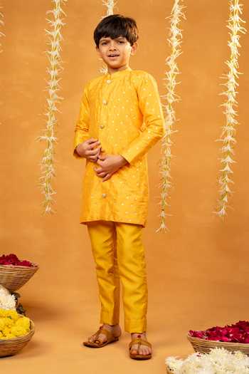 Shop_Jilmil Dreamwear_Yellow Embroidery Bangalori Silk Kurta Set _Online_at_Aza_Fashions