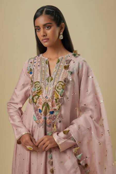 Payal Singhal_Pink Net, Muslin Mirrors, Embroidery Split V-neck Onion Anarkali Set _Online_at_Aza_Fashions