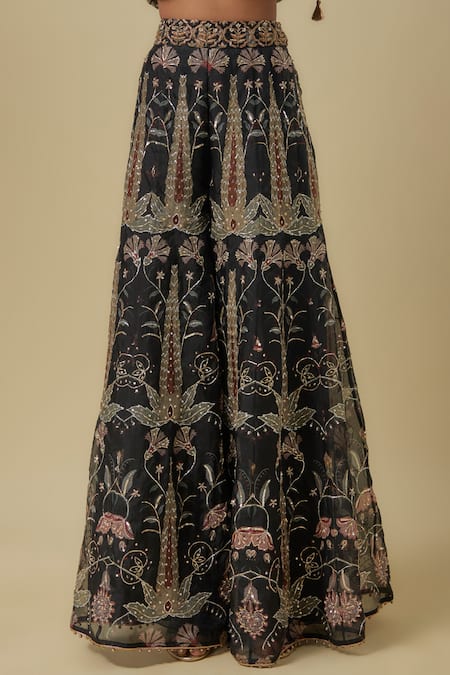 Payal Singhal_Black Georgette, Organza Embroidery, Sequins Bandeau Neck Corset Sharara Set _Online_at_Aza_Fashions