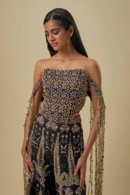 Buy_Payal Singhal_Black Georgette, Organza Embroidery, Sequins Bandeau Neck Corset Sharara Set _Online_at_Aza_Fashions