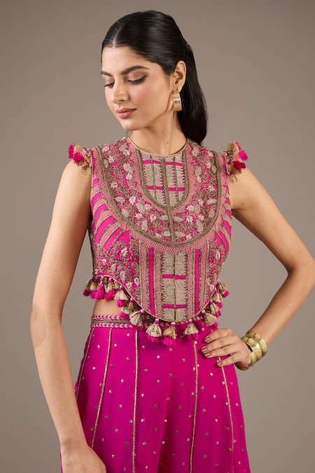 Buy_Payal Singhal_Pink Georgette Tassels, Embroidery High Neck Hot Sharara Set _Online_at_Aza_Fashions
