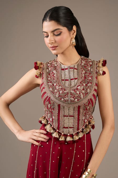 Payal Singhal_Maroon Georgette Tassels, Embroidery Round Neck Designer Kurta Set _Online_at_Aza_Fashions