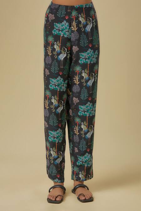 Payal Singhal_Black Open , Scoop Crane Print Pant Set _Online_at_Aza_Fashions