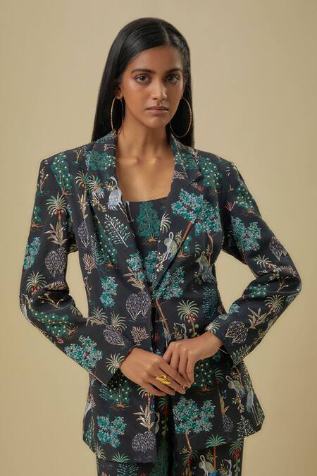 Buy_Payal Singhal_Black Open , Scoop Crane Print Pant Set _Online_at_Aza_Fashions