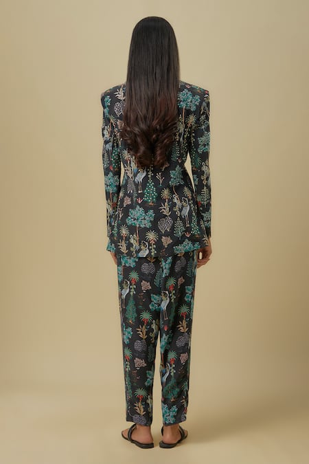 Payal Singhal Crane Print Black Pant Set 