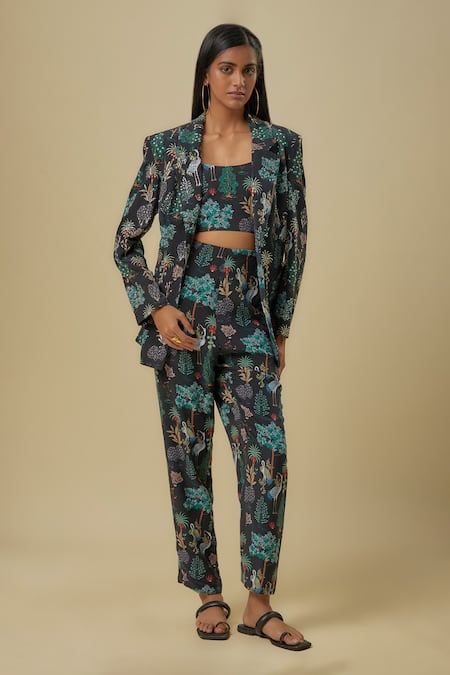 Payal Singhal Crane Print Black Pant Set 