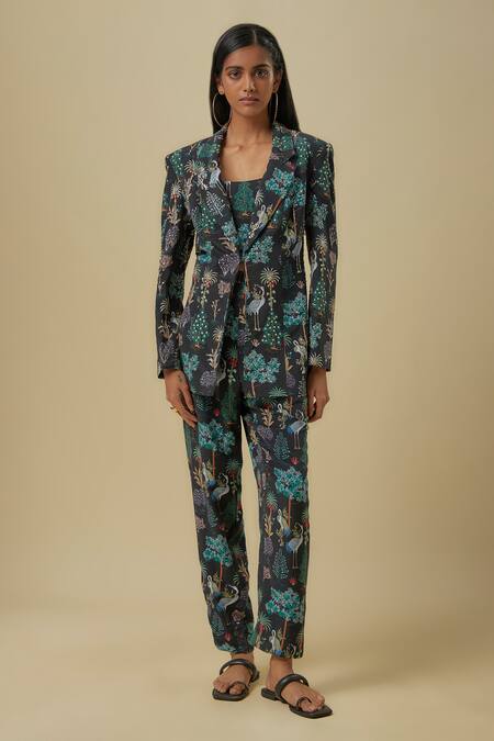 Shop_Payal Singhal_Black Open , Scoop Crane Print Pant Set _Online_at_Aza_Fashions
