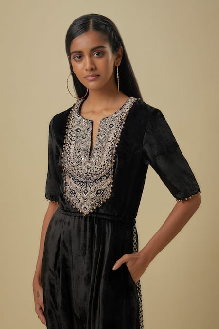 Payal Singhal_Black Velvet Tassels Split V-neck Embroidered Jumpsuit _Online_at_Aza_Fashions