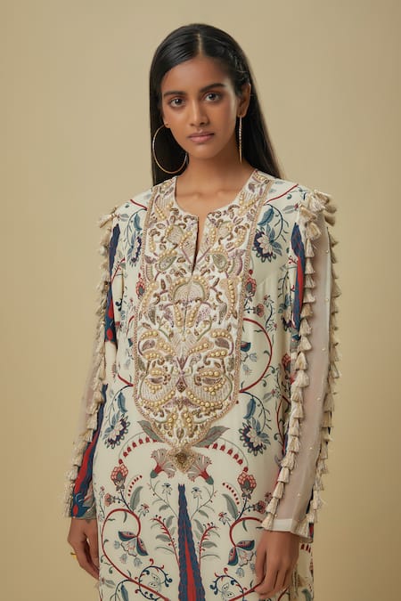 Payal Singhal_Cream Crepe Tassels Split V-neck Embroidered Forest Whisper Kaftan _Online_at_Aza_Fashions