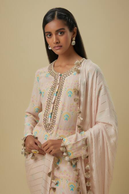 Buy_Payal Singhal_Pink Crepe, Chiffon Sequins Round Neck Stone Floral Print Kurta Set _Online_at_Aza_Fashions