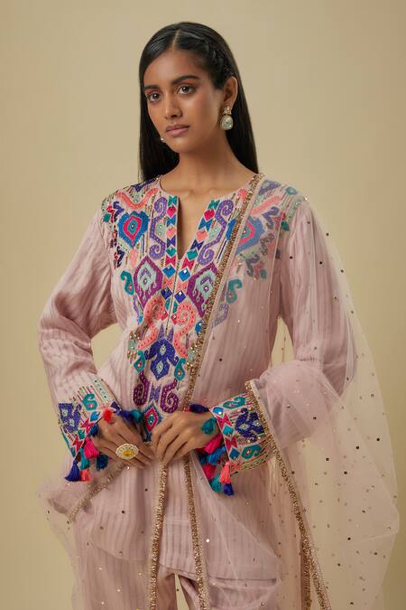 Buy_Payal Singhal_Pink Mirrors Split V-neck Embroidered Onion Kurta Set _Online_at_Aza_Fashions