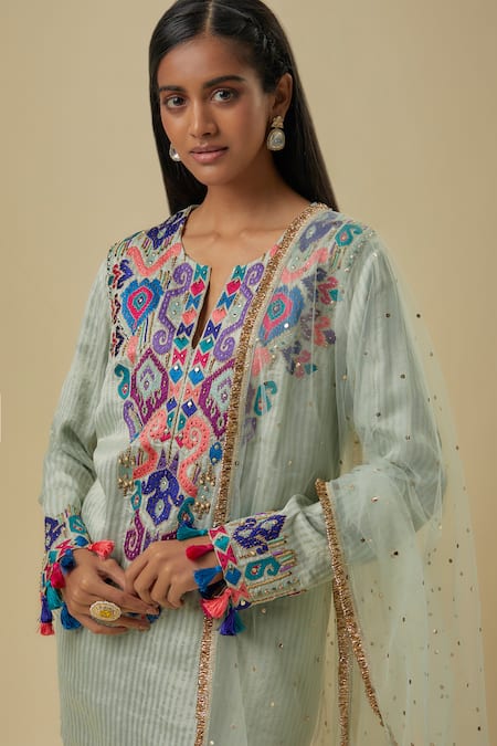 Buy_Payal Singhal_Blue Chanderi, Net Tassels, Sequins Split V-neck Pale Kurta Set _Online_at_Aza_Fashions