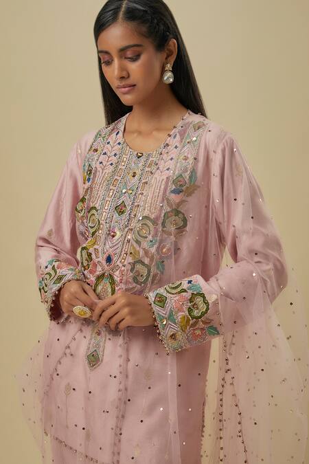 Payal Singhal_Pink Brocade Sequins, Embroidery Round Neck Onion Kurta Set _Online_at_Aza_Fashions