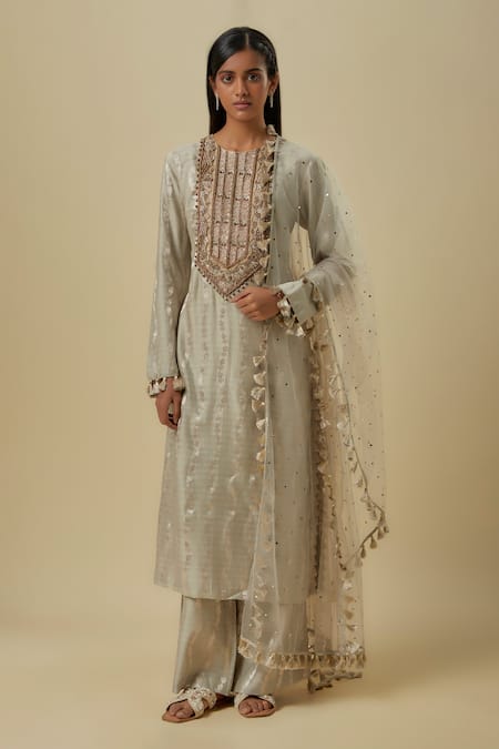 Payal Singhal Gray Net Zari, Sequins Round Neck Grey Brocade Silk Kurta Set 