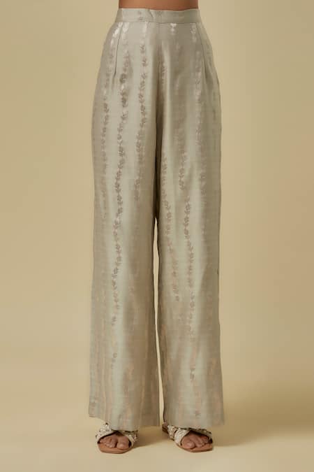 Payal Singhal_Gray Net Zari, Sequins Round Neck Grey Brocade Silk Kurta Set _Online_at_Aza_Fashions