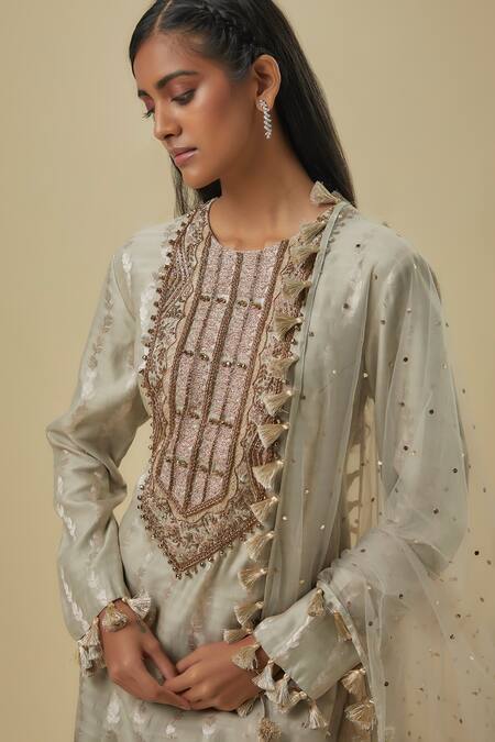Buy_Payal Singhal_Gray Net Zari, Sequins Round Neck Grey Brocade Silk Kurta Set _Online_at_Aza_Fashions