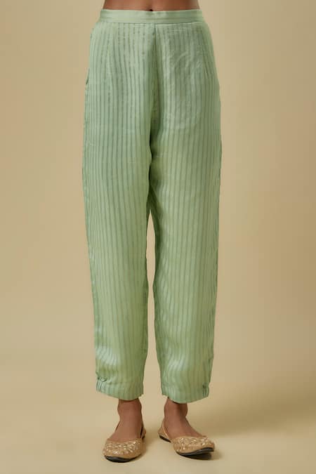 Payal Singhal_Mint Chanderi, Net Sequins, Embroidery Round Neck Green Kurta Set _Online_at_Aza_Fashions