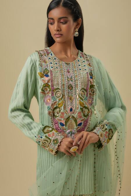 Buy_Payal Singhal_Mint Chanderi, Net Sequins, Embroidery Round Neck Green Kurta Set _Online_at_Aza_Fashions