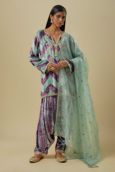 Payal Singhal Mint Velvet, Organza Sequins, Embroidery V-neck Green And Purple Kurta Set 