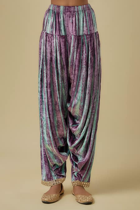 Payal Singhal_Mint Velvet, Organza Sequins, Embroidery V-neck Green And Purple Kurta Set _Online_at_Aza_Fashions