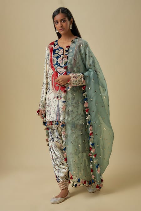 Payal Singhal Cream Velvet Sequins, Embroidery Split V-neck Designer Kurta Set With Dupatta 