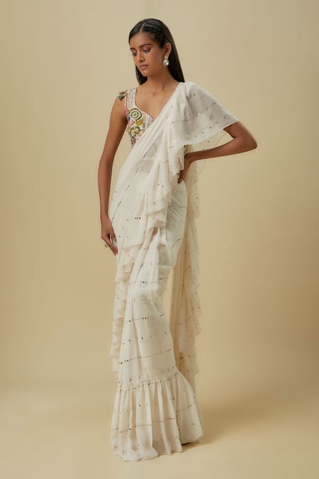 Payal Singhal Off White Mukaish Georgette Pre-Draped Saree With Blouse 
