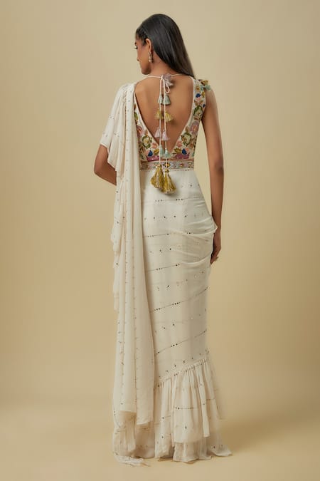 Payal Singhal Off White Mukaish Georgette Pre-Draped Saree With Blouse 